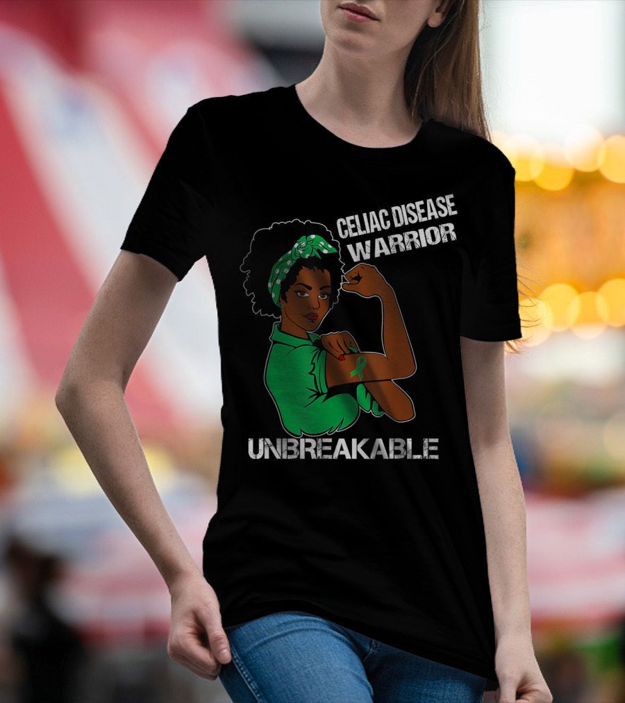 Celiac Disease Warrior Unbreakable With Empowering Arm Pose And Green Awareness T-Shirt