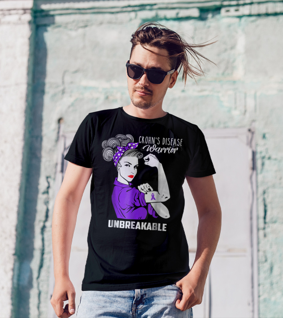 Crohn's Disease Warrior Unbreakable Awareness With Purple Ribbon Rosie The Riveter T-Shirt