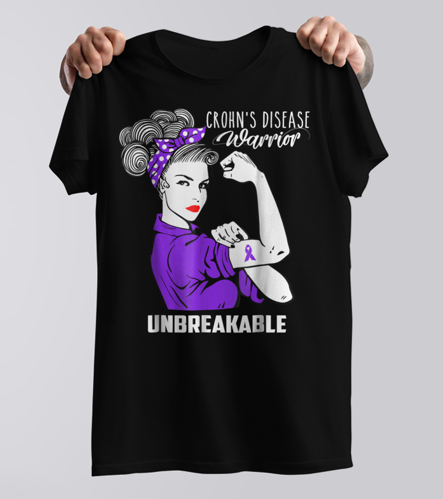 Crohn's Disease Warrior Unbreakable Awareness With Purple Ribbon Rosie The Riveter T-Shirt