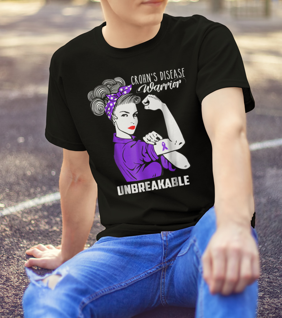 Crohn's Disease Warrior Unbreakable Awareness With Purple Ribbon Rosie The Riveter T-Shirt