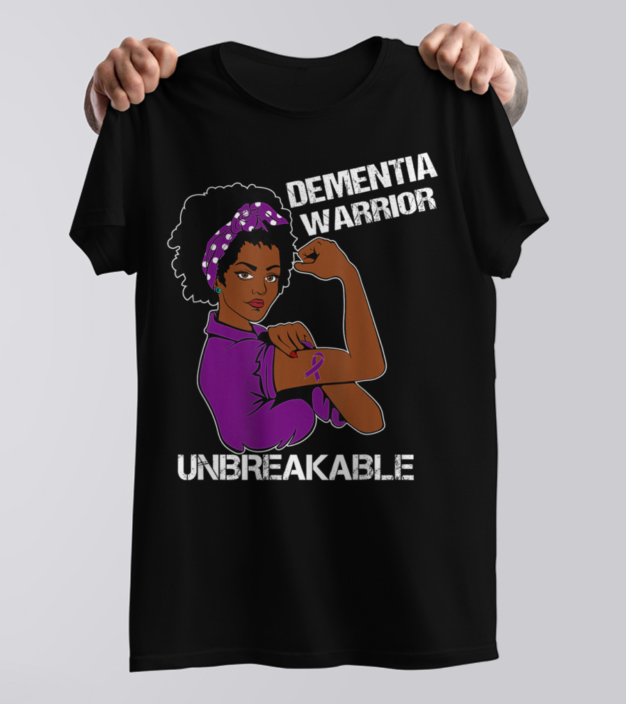 Dementia Warrior Unbreakable Rosie The Riveter Woman With Purple Awareness T-Shirt