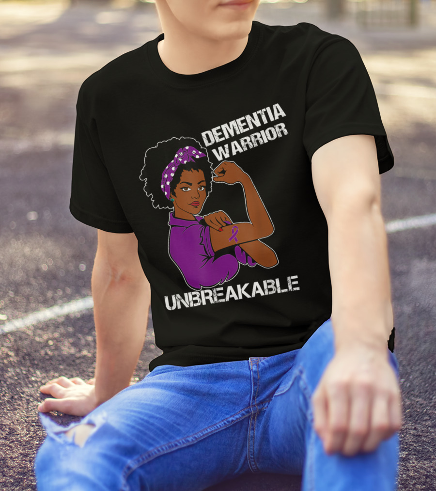 Dementia Warrior Unbreakable Rosie The Riveter Woman With Purple Awareness T-Shirt
