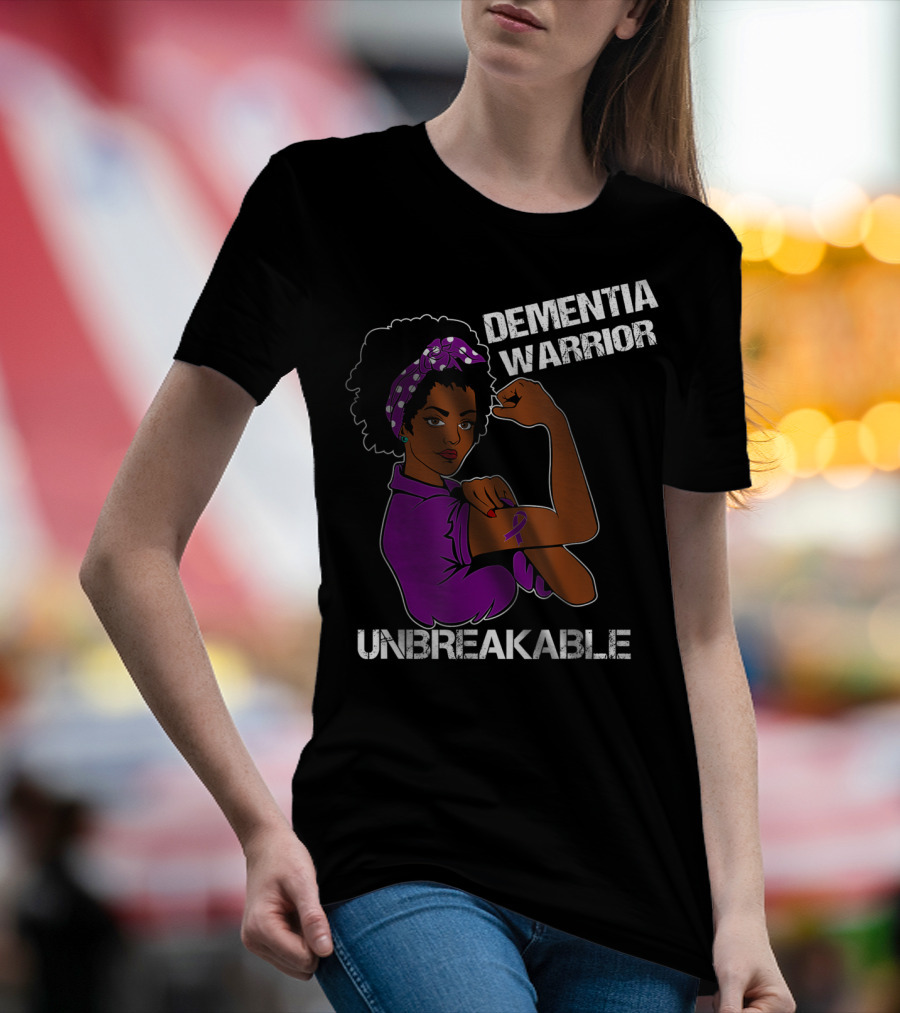 Dementia Warrior Unbreakable Rosie The Riveter Woman With Purple Awareness T-Shirt