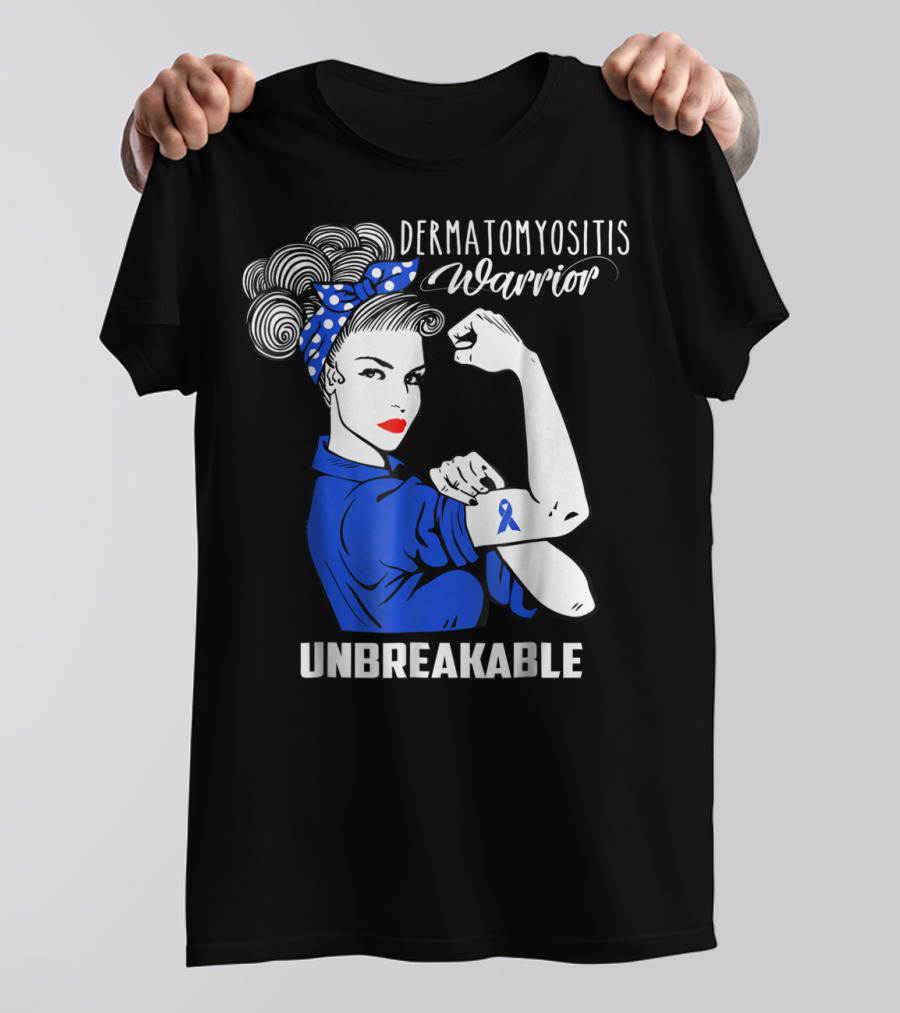Dermatomyositis Warrior Unbreakable Awareness Flexing Rosie Icon With Blue T-Shirt
