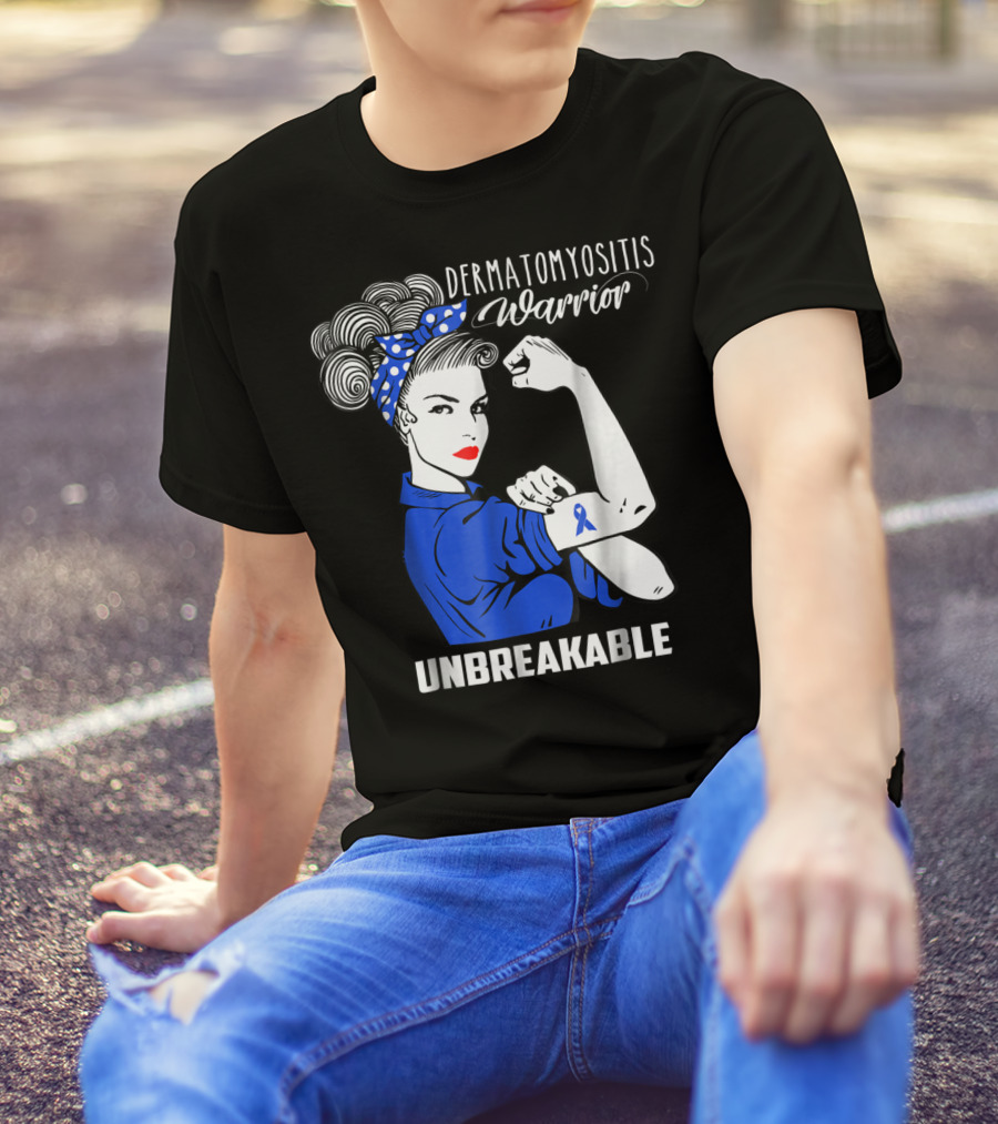 Dermatomyositis Warrior Unbreakable Awareness Flexing Rosie Icon With Blue T-Shirt