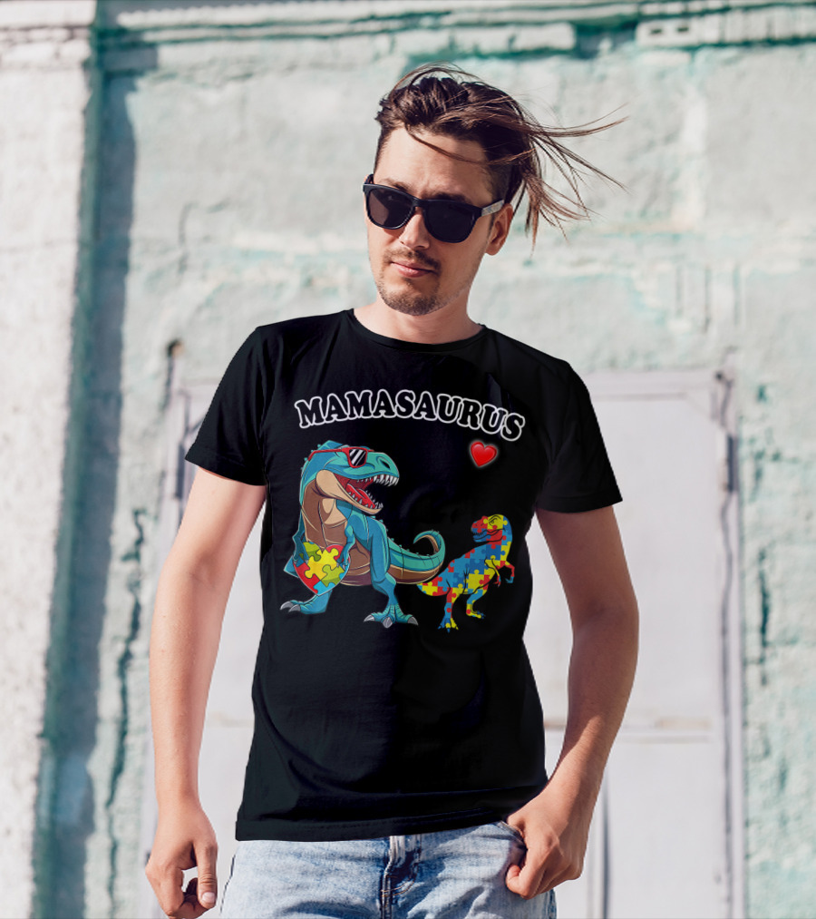 Mamasaurus Dinosaur Heart Puzzle Autism Awareness T-Shirt