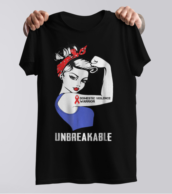 Domestic Violence Warrior Unbreakable Rosie Riveter Red Ribbon T-Shirt