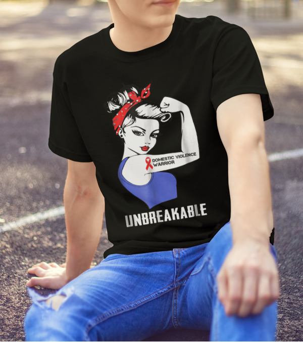 Domestic Violence Warrior Unbreakable Rosie Riveter Red Ribbon T-Shirt