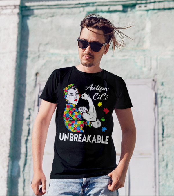Autism CiCi Unbreakable Autism Awareness Puzzle Pieces Rosie The Riveter T-Shirt