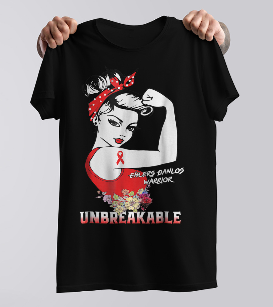 Ehlers Danlos Warrior Unbreakable Rosie The Riveter Style With Ribbon And Floral Elements T-Shirt