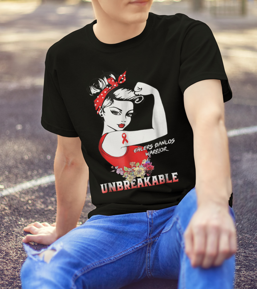Ehlers Danlos Warrior Unbreakable Rosie The Riveter Style With Ribbon And Floral Elements T-Shirt