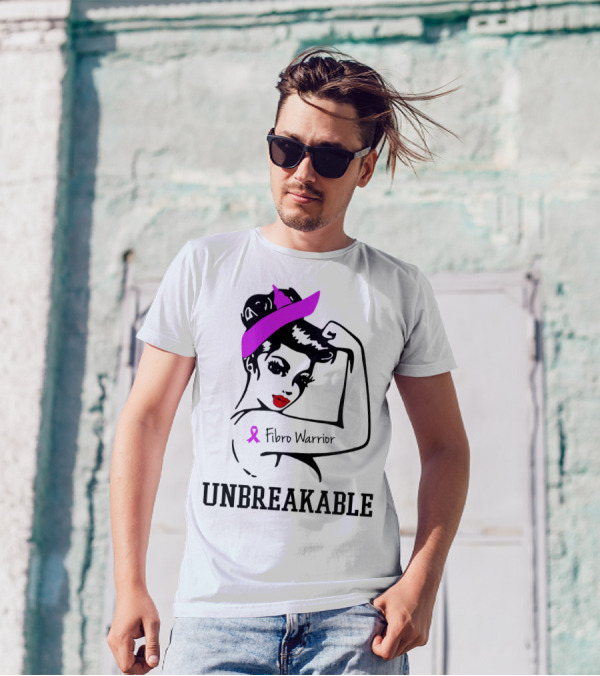 Fibro Warrior Unbreakable Strong Woman With Pink Ribbon And Purple Hair Bow T-Shirt