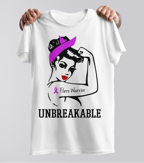 Fibro Warrior Unbreakable Strong Woman With Pink Ribbon And Purple Hair Bow T-Shirt