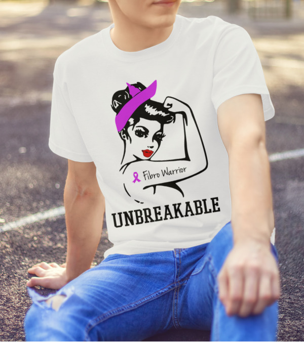 Fibro Warrior Unbreakable Strong Woman With Pink Ribbon And Purple Hair Bow T-Shirt
