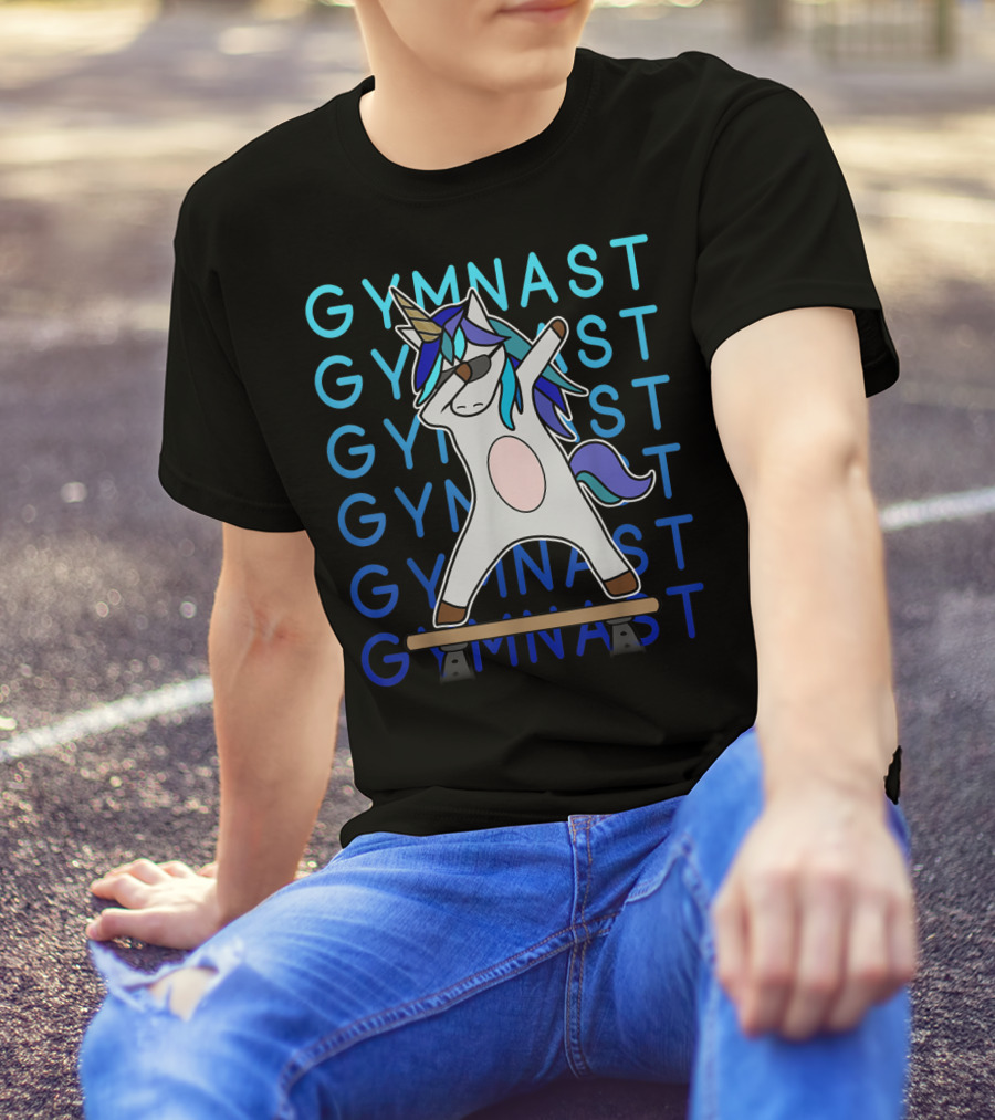 Gymnast Dabbing Unicorn With Blue Mane On Balance Beam For Girls Gymnastics T-Shirt