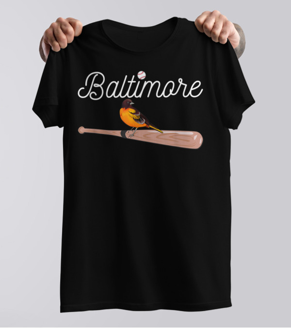 Baltimore Oriole On Baseball Bat With Baseball Themed Font T-Shirt