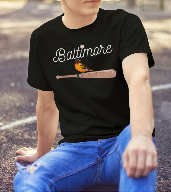Baltimore Oriole On Baseball Bat With Baseball Themed Font T-Shirt