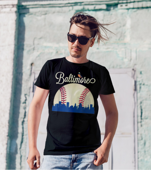 Baltimore Skyline With Baseball And Oriole Bird T-Shirt
