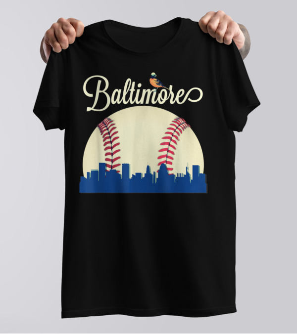 Baltimore Skyline With Baseball And Oriole Bird T-Shirt