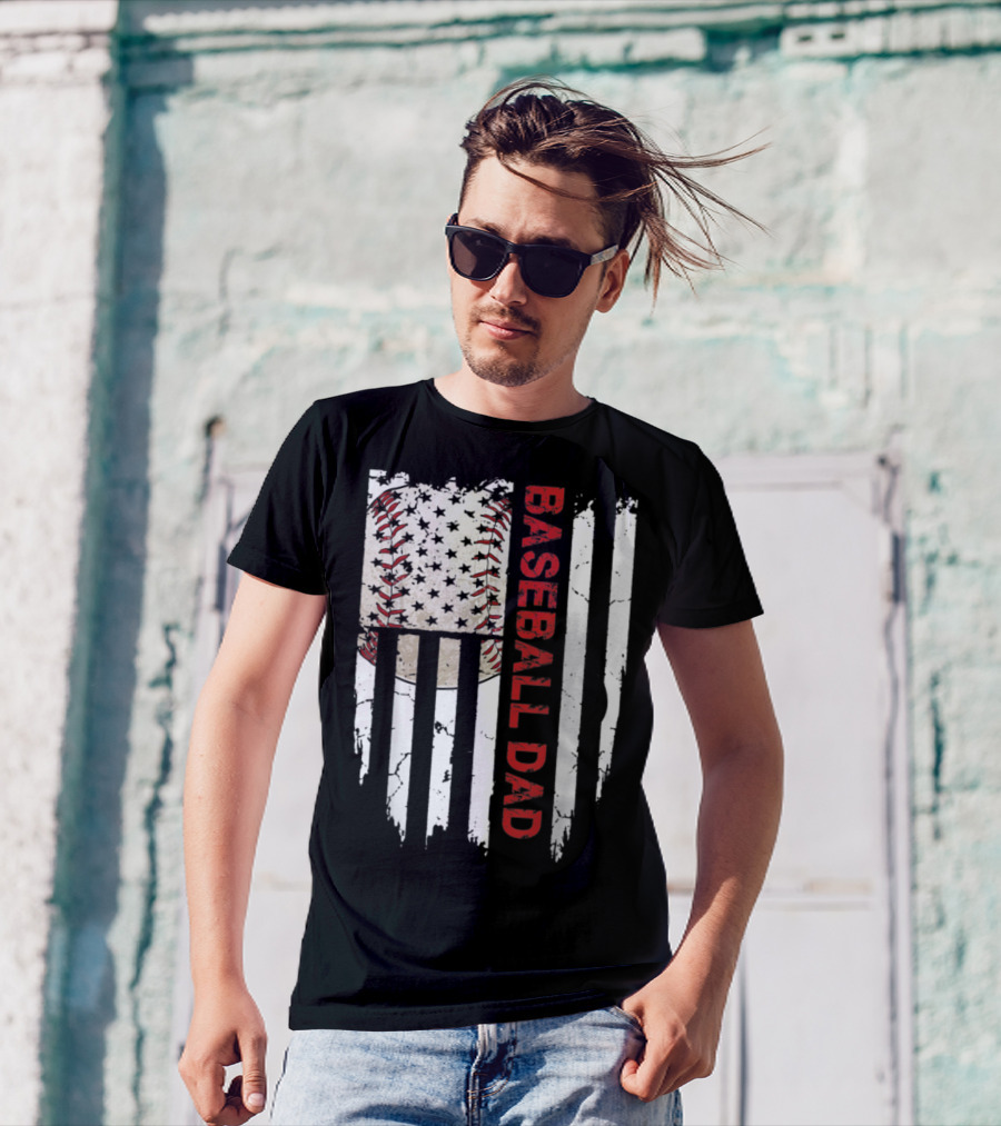 Baseball Dad American Flag Patriotic Stars Stripes Sports Enthusiast T-Shirt