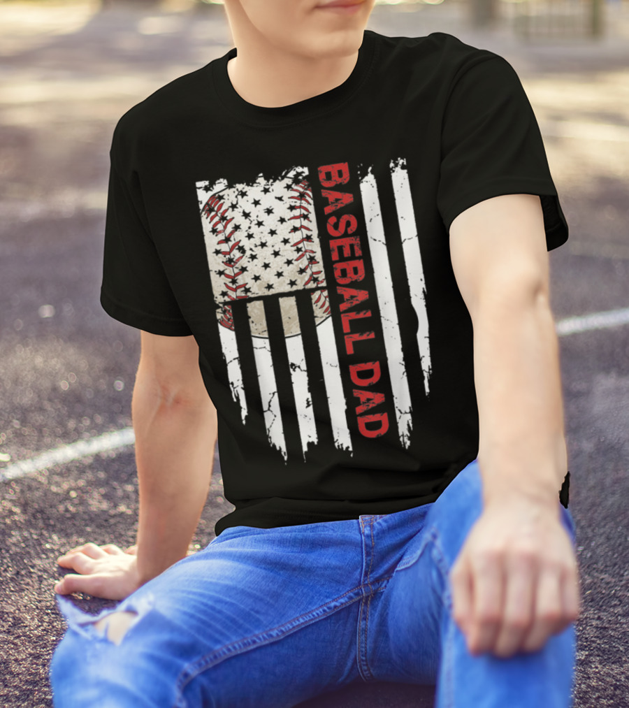 Baseball Dad American Flag Patriotic Stars Stripes Sports Enthusiast T-Shirt