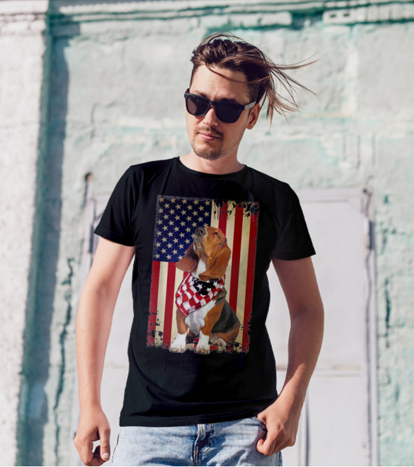 Basset Hound With American Flag Scarf Against USA Flag Background T-Shirt