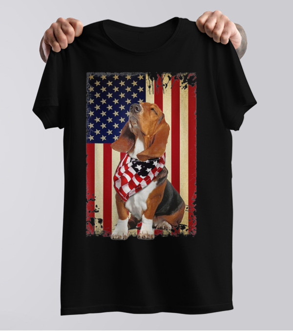 Basset Hound With American Flag Scarf Against USA Flag Background T-Shirt