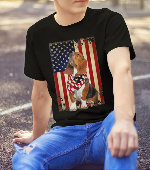 Basset Hound With American Flag Scarf Against USA Flag Background T-Shirt