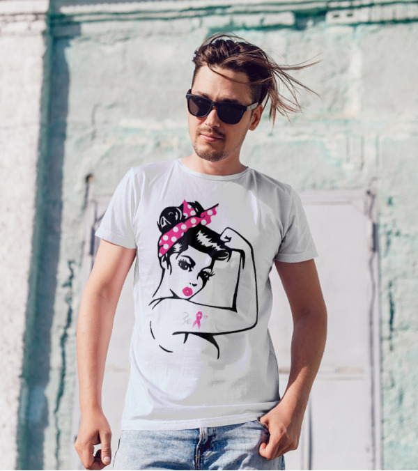 Breast Cancer Warrior Believe Support Awareness With Pink Ribbon And Polka Dot Rosie Bandana T-Shirt