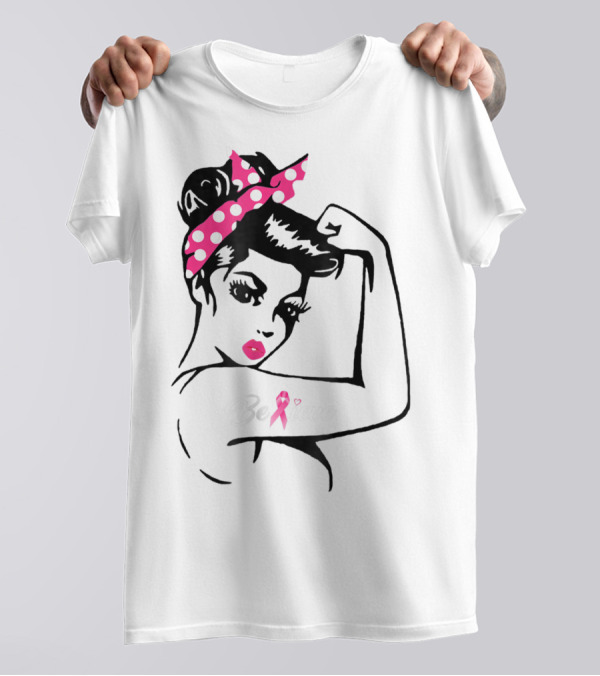 Breast Cancer Warrior Believe Support Awareness With Pink Ribbon And Polka Dot Rosie Bandana T-Shirt