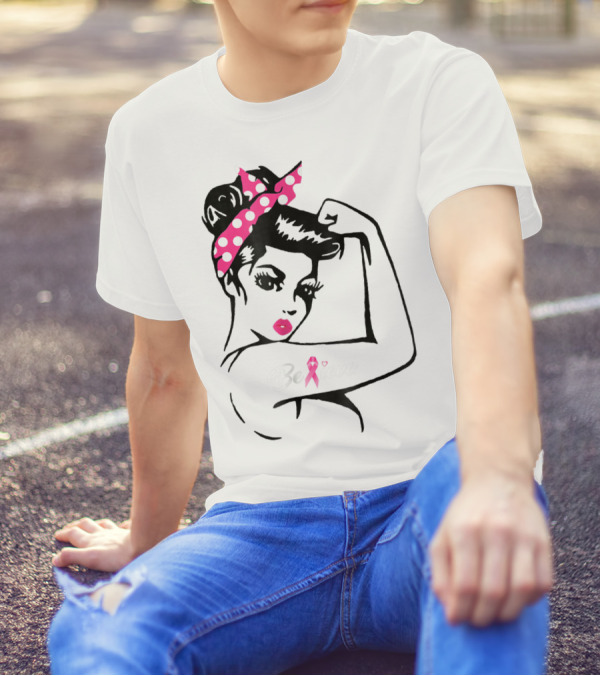 Breast Cancer Warrior Believe Support Awareness With Pink Ribbon And Polka Dot Rosie Bandana T-Shirt