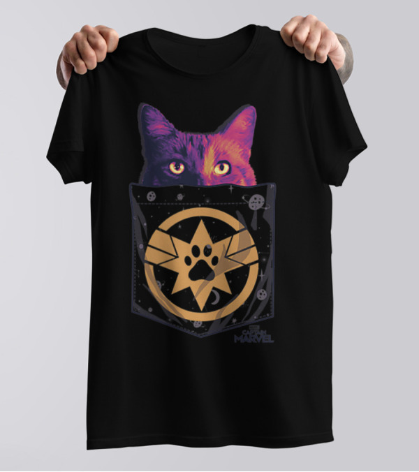Captain Marvel Goose Paw Print Cosmic Pocket Cat T-Shirt