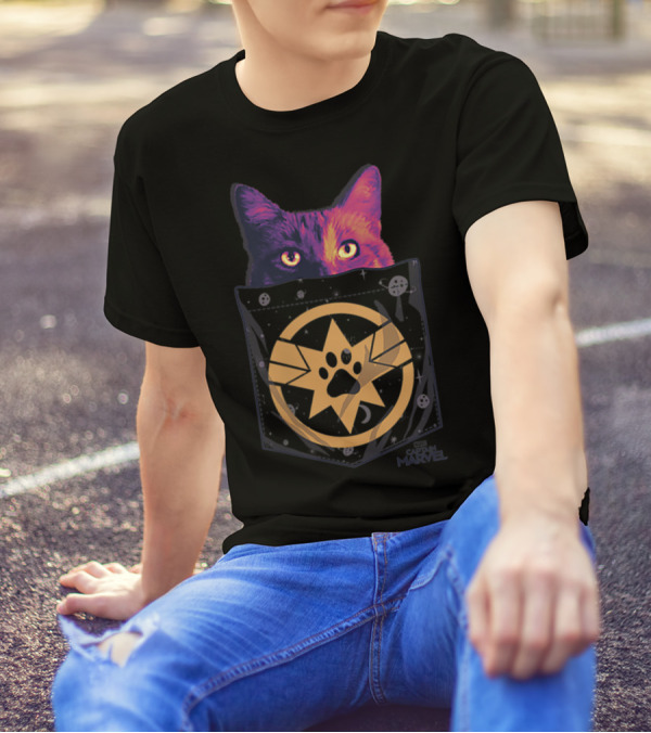 Captain Marvel Goose Paw Print Cosmic Pocket Cat T-Shirt