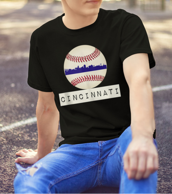 Cincinnati Skyline On Baseball With Red Stitches T-Shirt