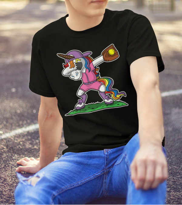 Dabbing Unicorn In Pink Softball Outfit With Glove And Ball T-Shirt
