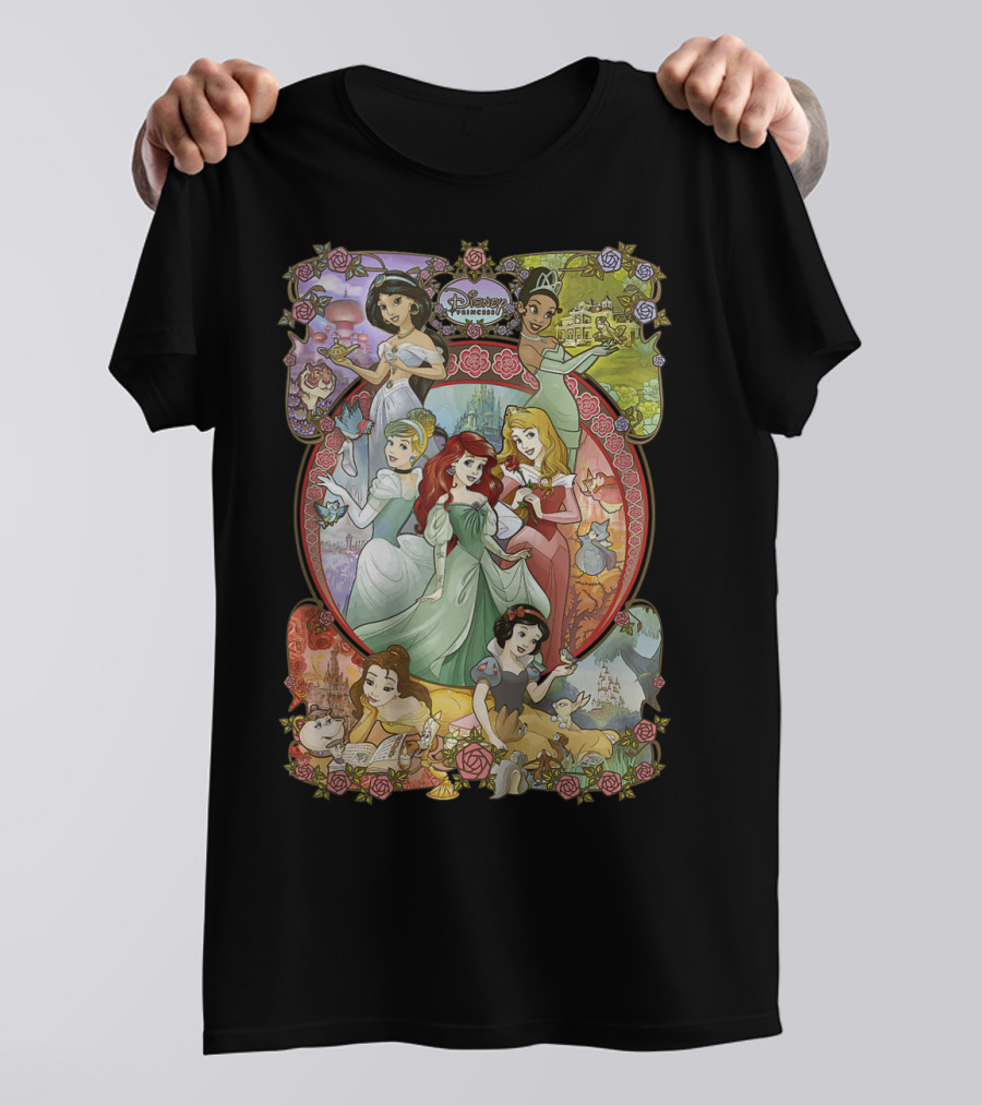 Disney Princess Classic Cartoon Group Collage Cinderella Ariel Belle Snow White Aurora T-Shirt