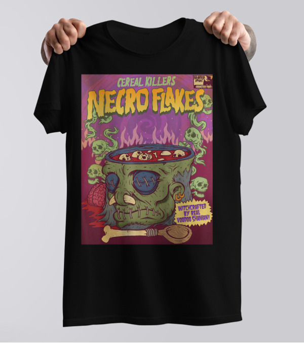 Cereal Killers Necro Flakes Witchcrafted By Real Voodoo Shaman Monster Food Horror Fans Nerds T-Shirt