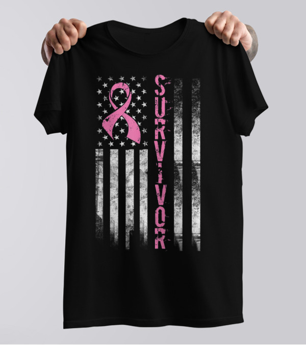 Survivor Pink Ribbon American Flag Breast Cancer Awareness T-Shirt