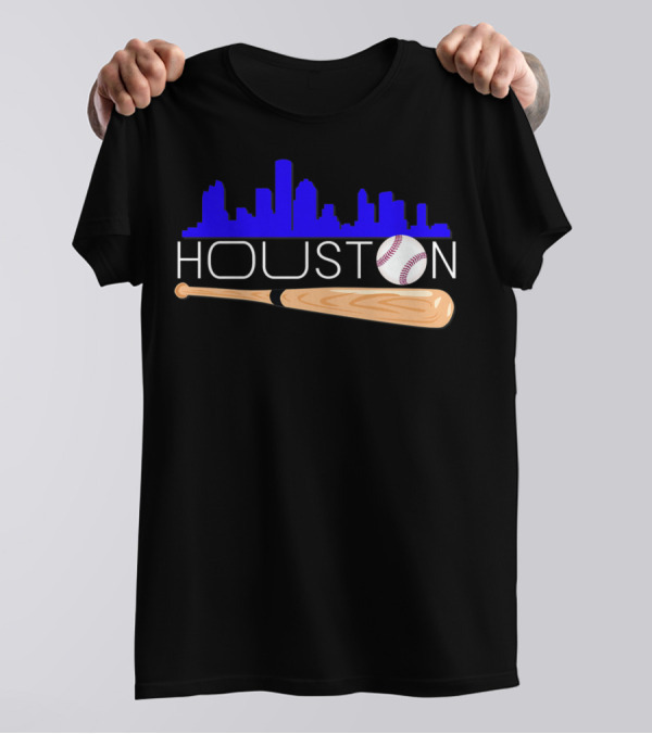 Houston Baseball Astro Font Skyline With Bat And Ball T-Shirt
