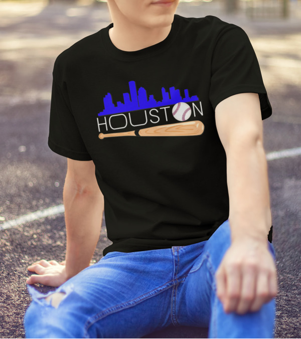 Houston Baseball Astro Font Skyline With Bat And Ball T-Shirt