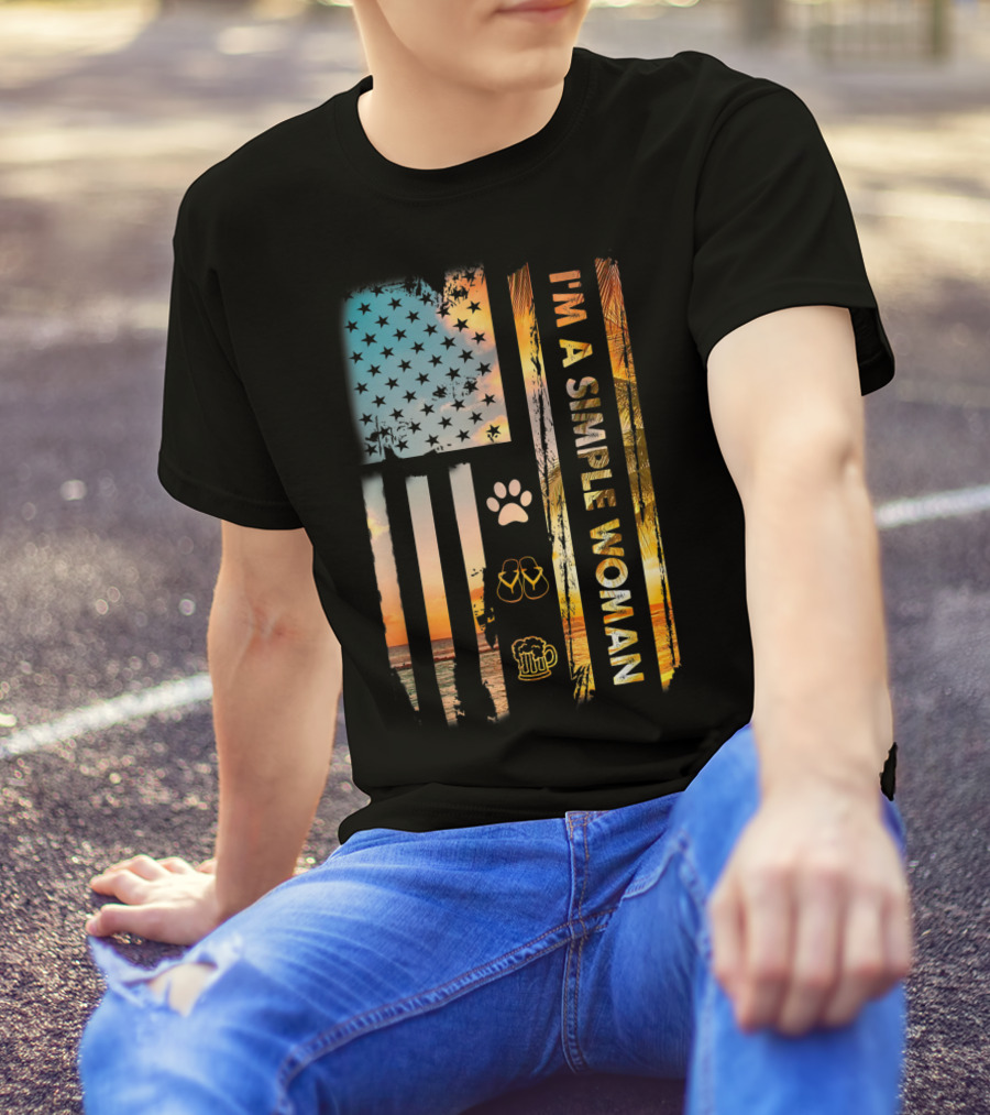 I'm A Simple Woman American Flag Dog Paw Flip Flops Beer Beach Sunset T-Shirt