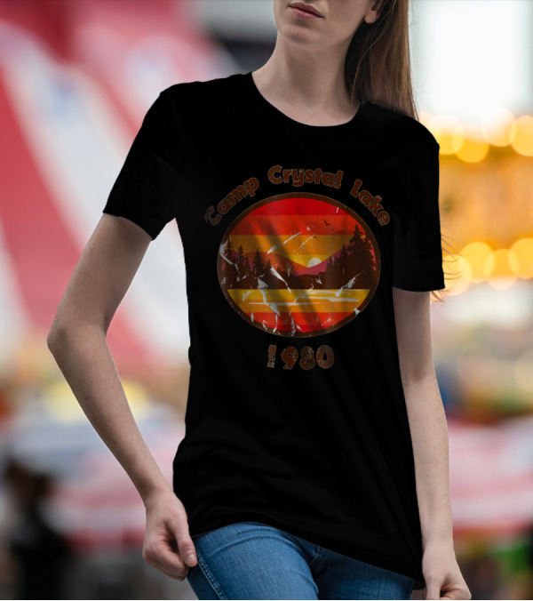 Camp Crystal Lake 1980 Retro Sunset Forest Scene T-Shirt