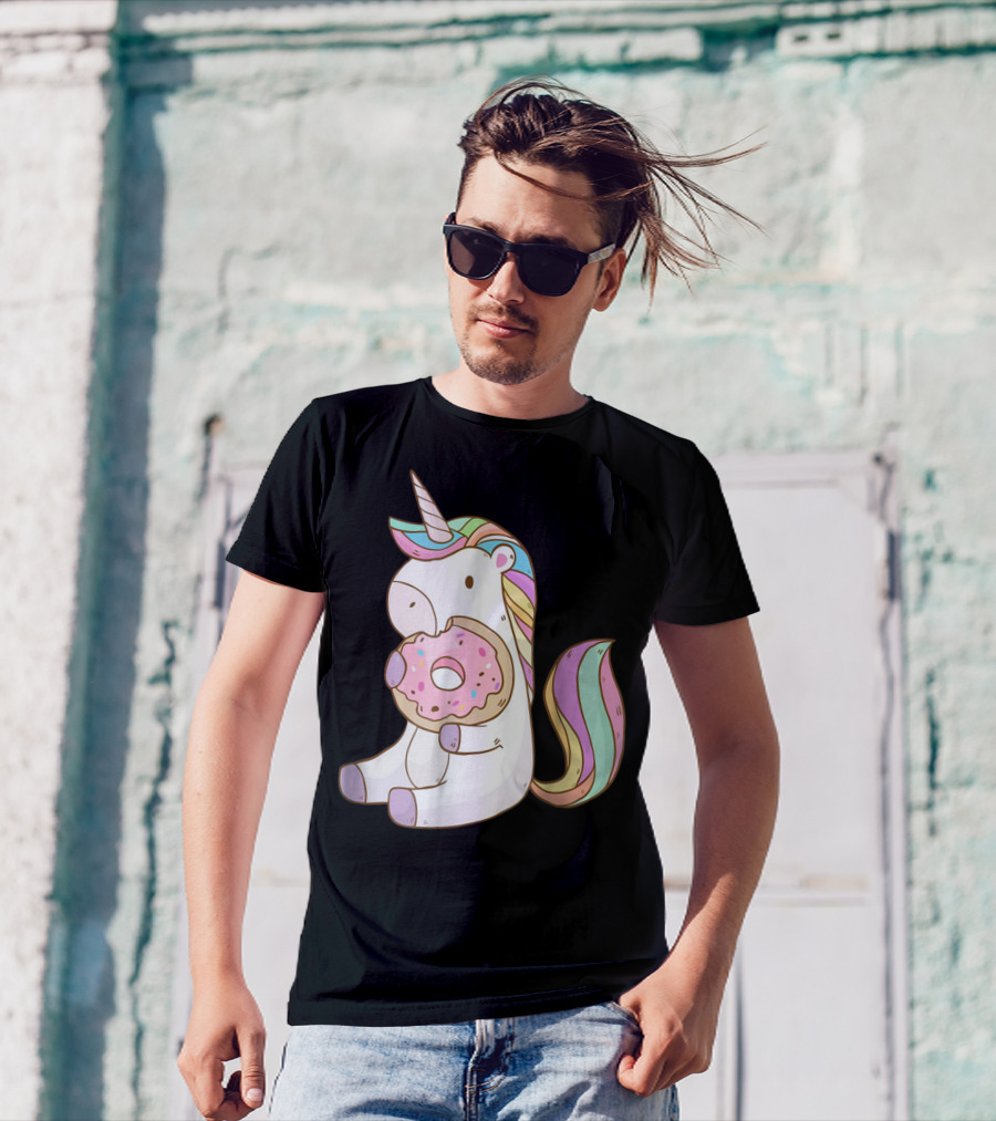Cute Hungry Unicorn Enjoying A Delicious Donut With Sprinkles T-Shirt