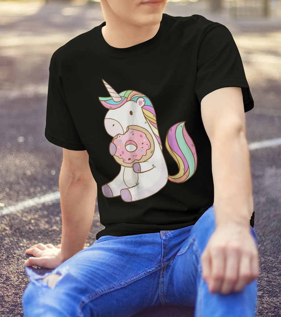 Cute Hungry Unicorn Enjoying A Delicious Donut With Sprinkles T-Shirt