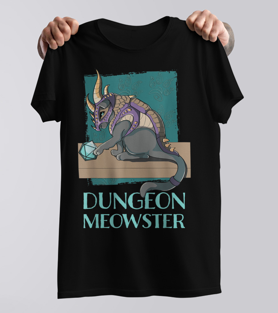 Dungeon Meowster Cat With Dragon Armor Playing With Dice T-Shirt