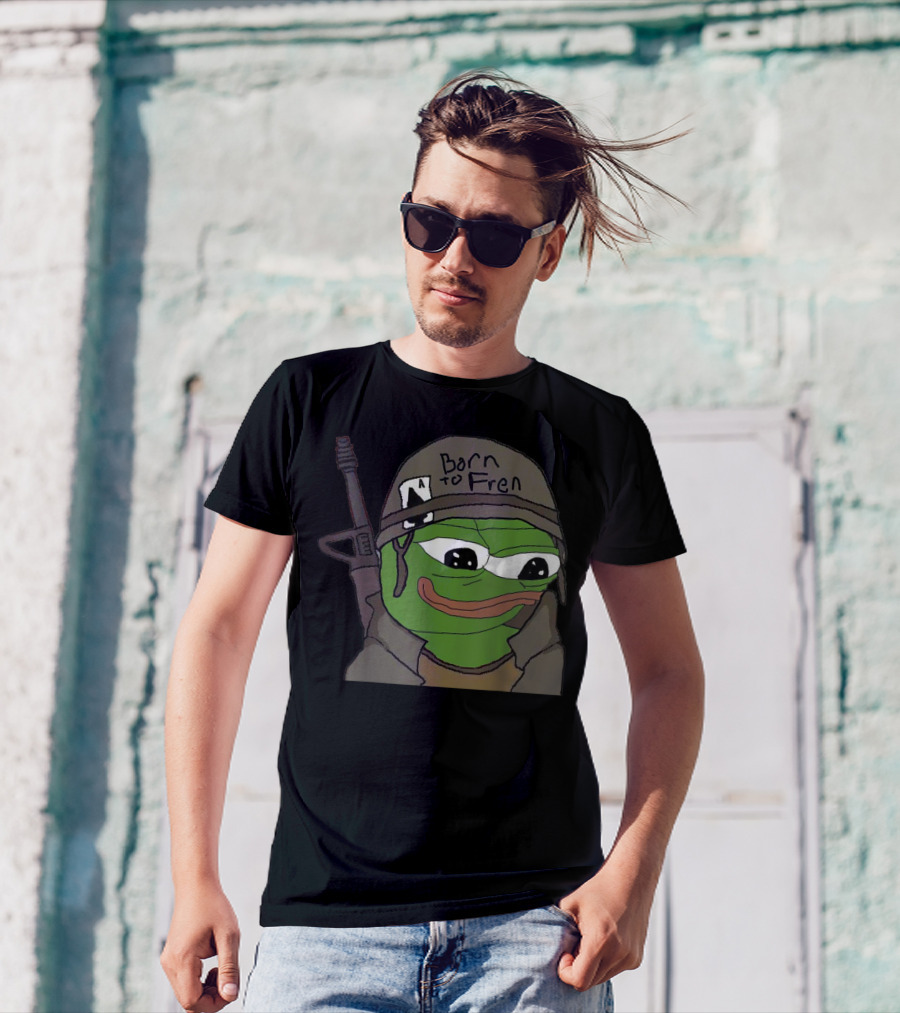 Born To Fren Pepe Military Helmet Cartoon With Rifle T-Shirt