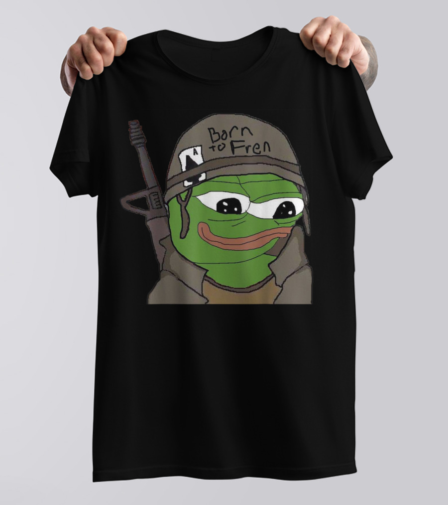 Born To Fren Pepe Military Helmet Cartoon With Rifle T-Shirt