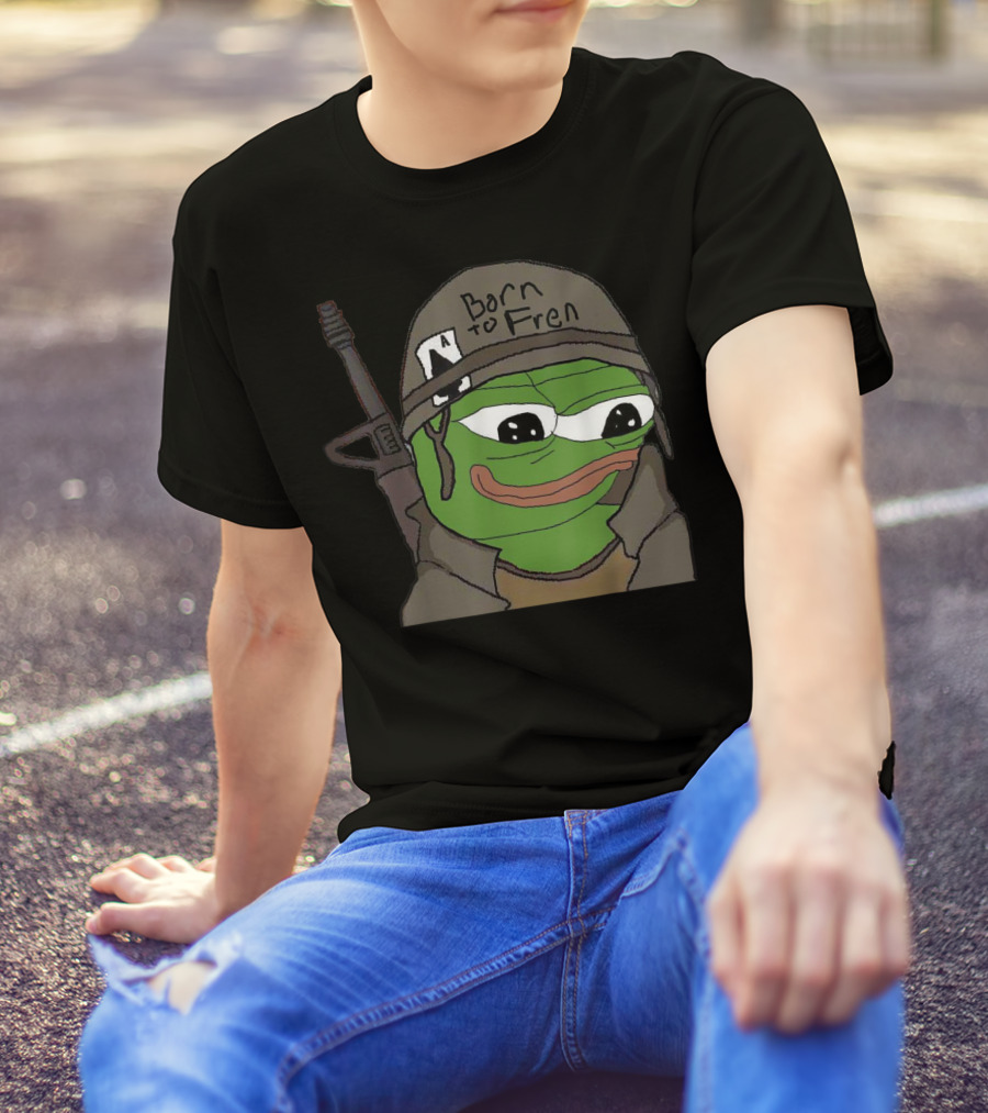 Born To Fren Pepe Military Helmet Cartoon With Rifle T-Shirt