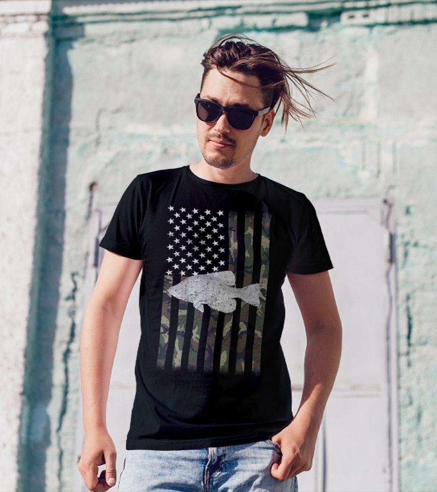 Camouflage American Flag Crappie Fishing T-Shirt