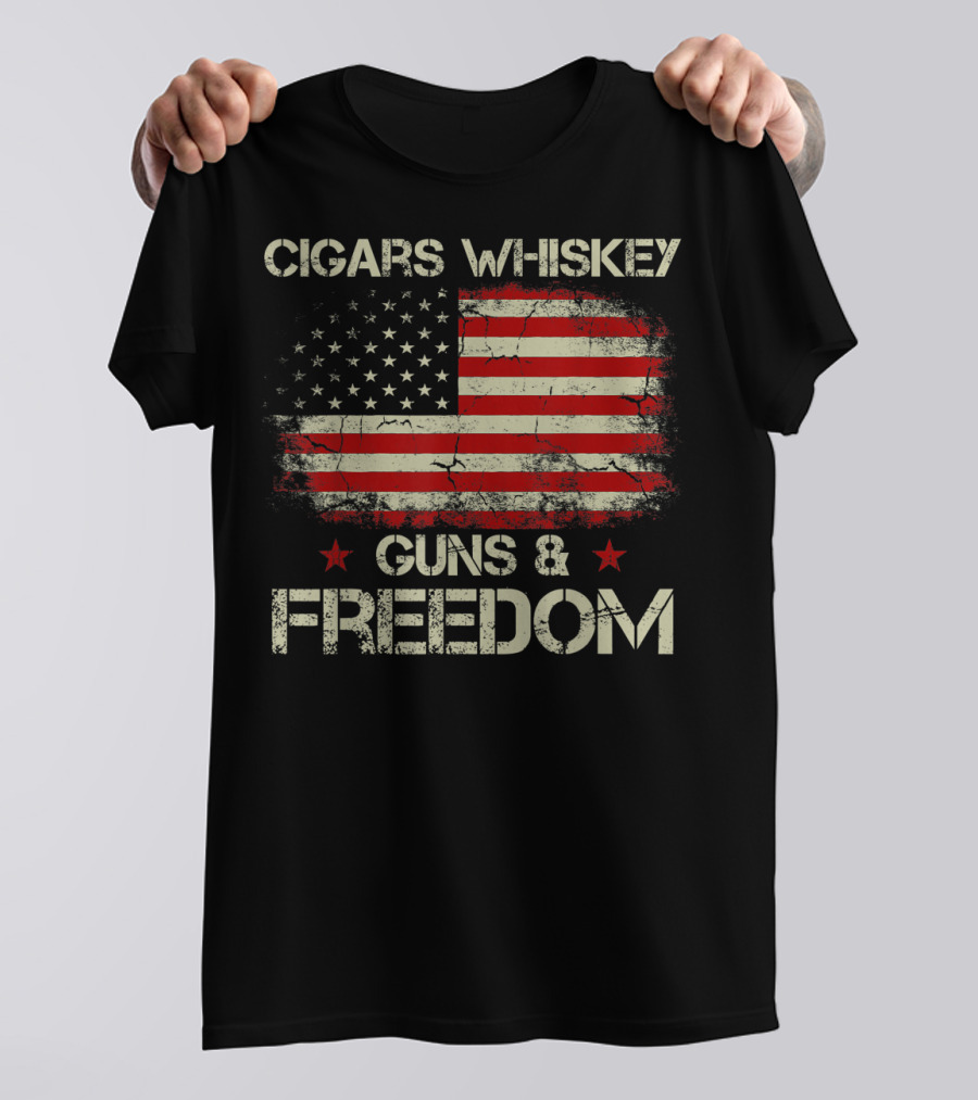 Cigars Whiskey Guns Freedom American Flag Patriotic USA Stars Stripes T-Shirt